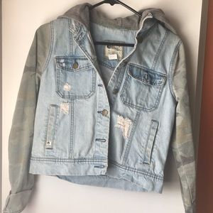 Distressed denim & camo jacket